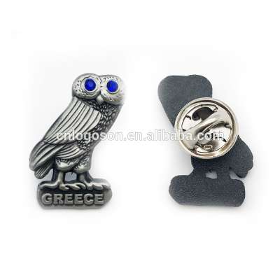 Greece anti-sliver owl shape 3D lapel pin badge custom metal emboss lapel pin manufacturers china